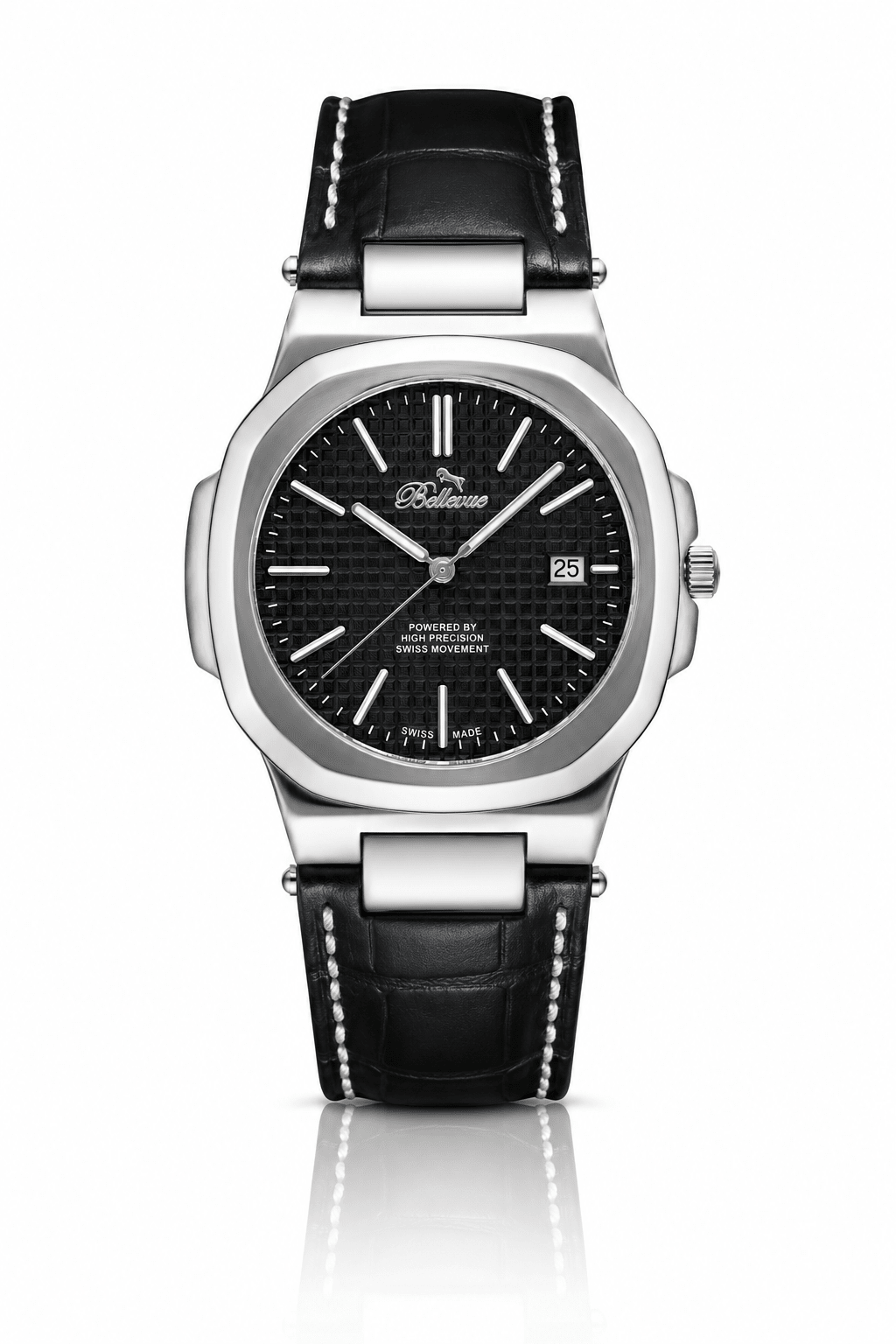 Bellevue Men’s Black Watch 43mm – Ronda Quartz with Date | Black PU Leather Strap - NAFALUXE