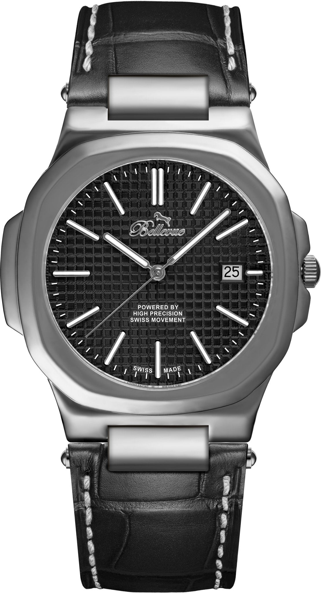 Bellevue Men’s Black Watch 43mm – Ronda Quartz with Date | Black PU Leather Strap - NAFALUXE