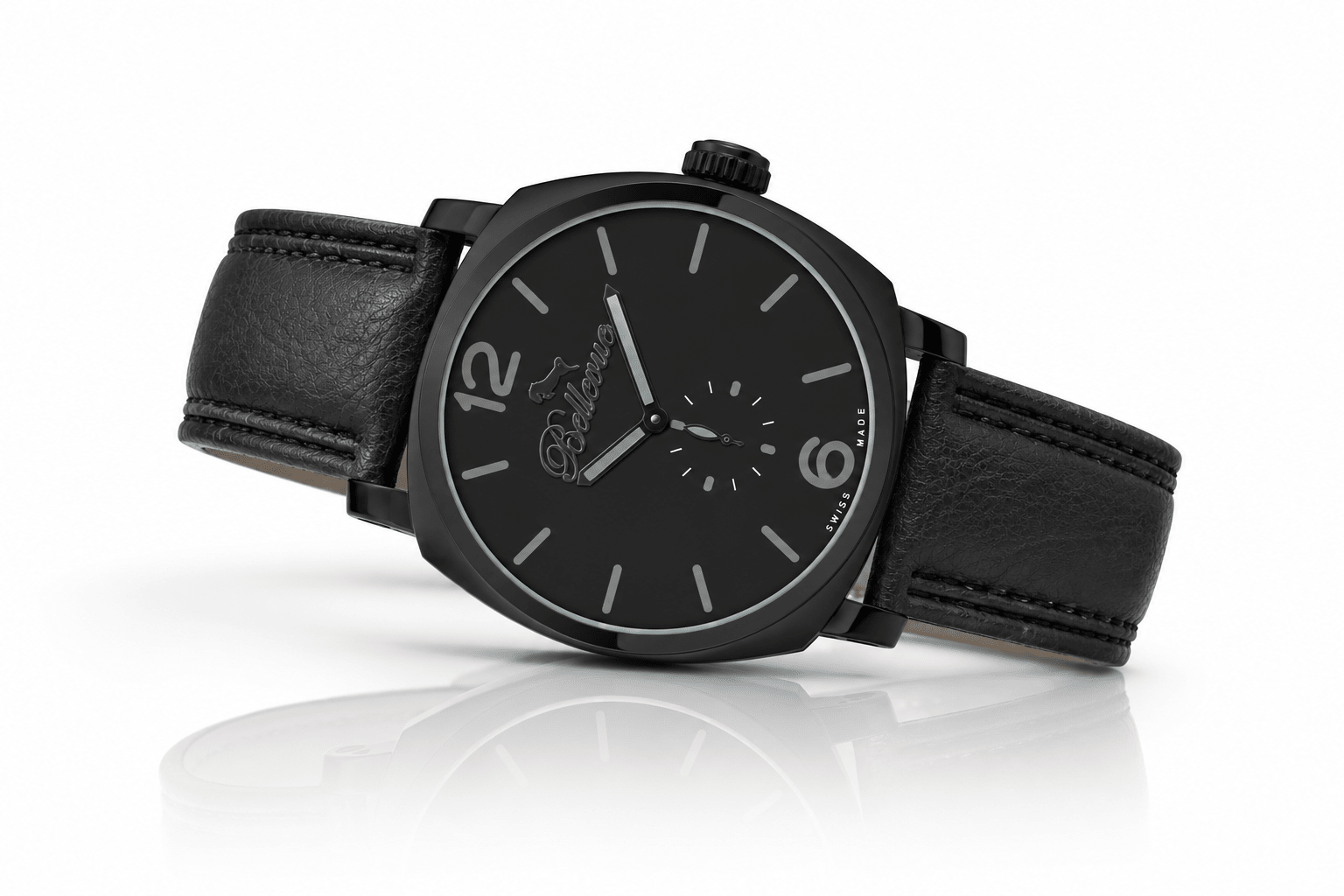 Bellevue Men’s Black Watch 44mm – Ronda Quartz | Black PU Leather Strap - NAFALUXE
