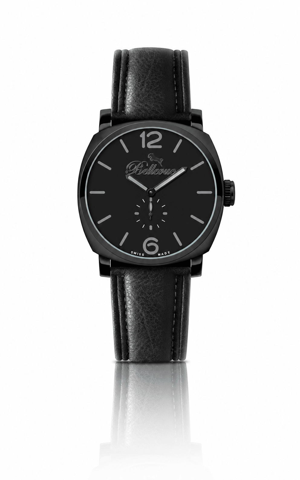 Bellevue Men’s Black Watch 44mm – Ronda Quartz | Black PU Leather Strap - NAFALUXE