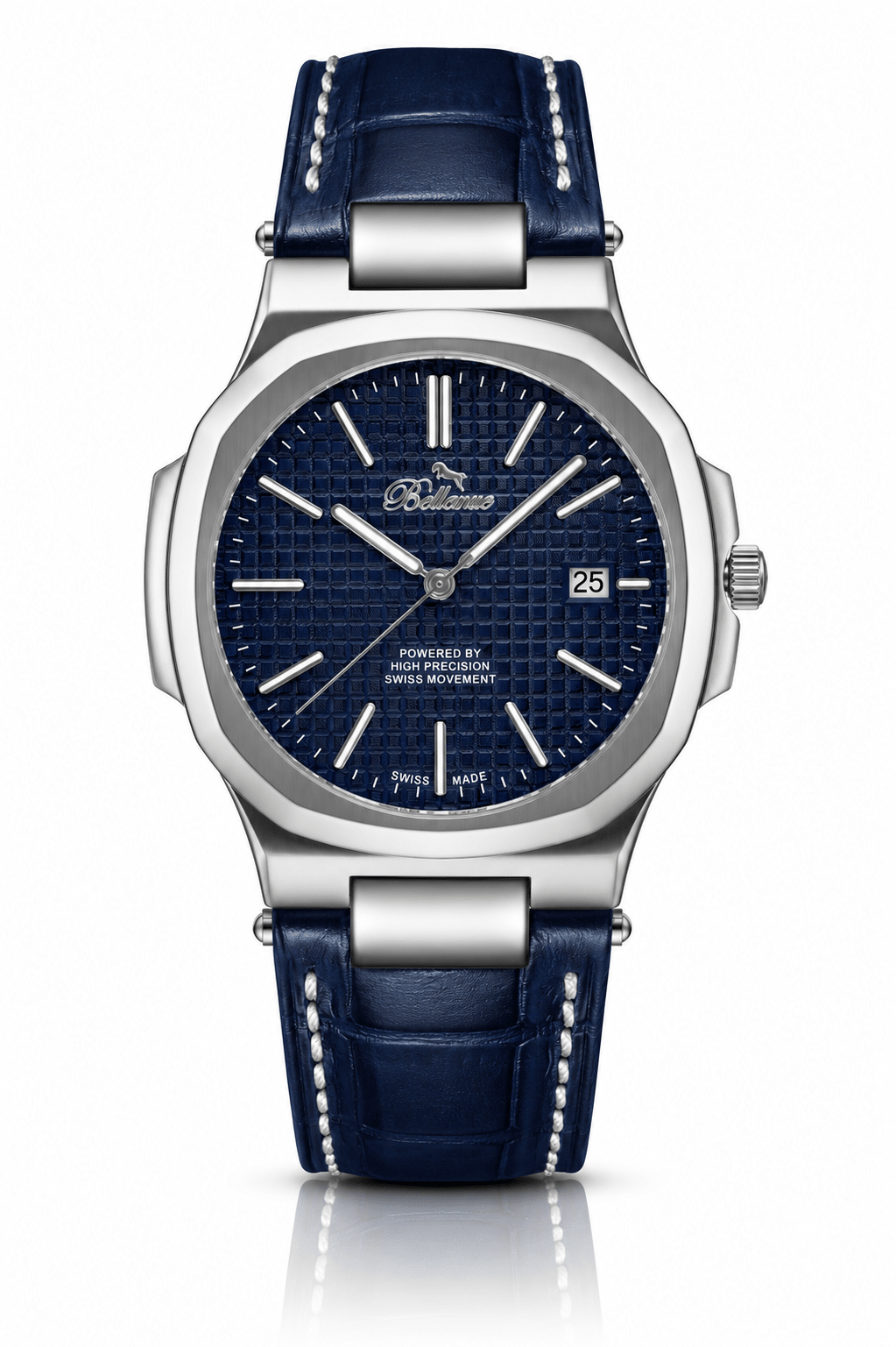 Bellevue Men’s Blue Watch 43mm – Ronda Quartz with Date | Blue PU Leather Strap - NAFALUXE
