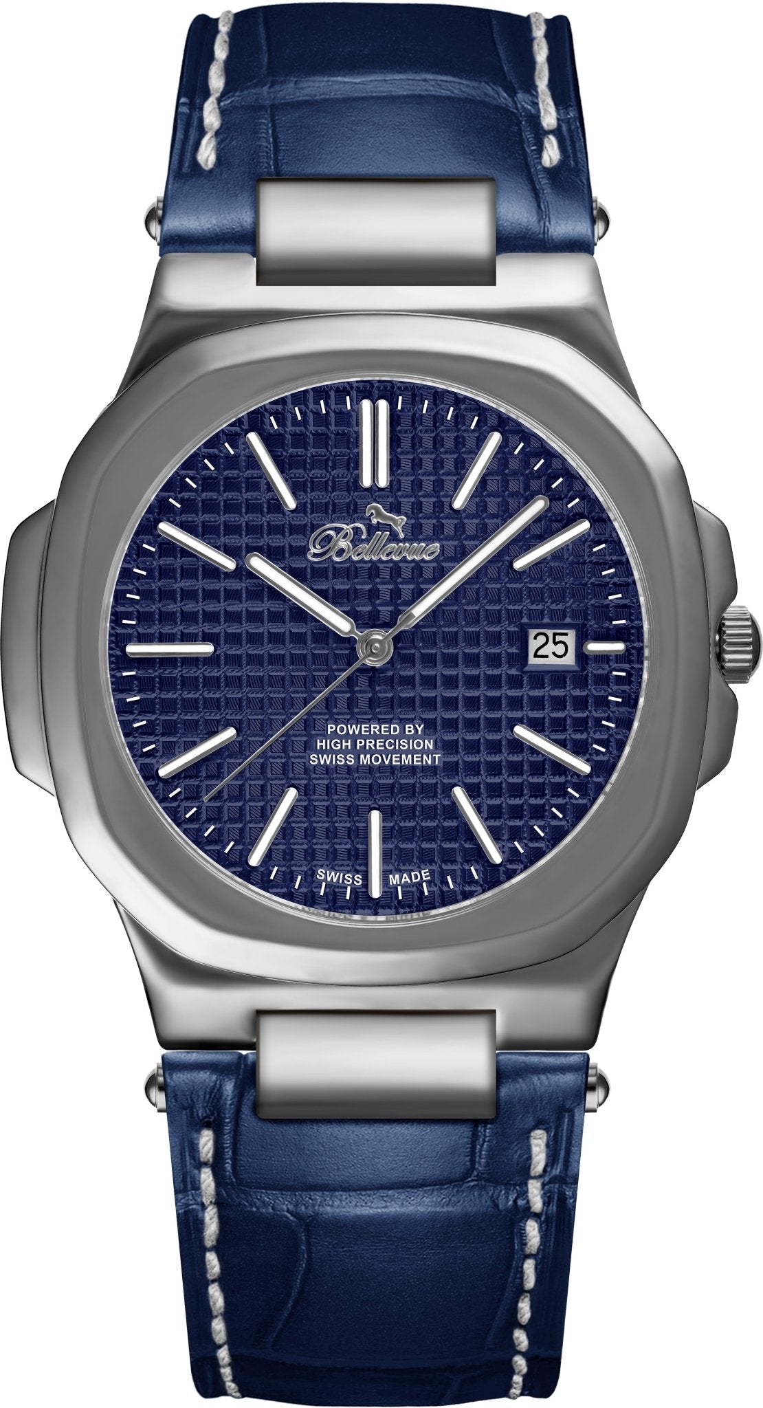Bellevue Men’s Blue Watch 43mm – Ronda Quartz with Date | Blue PU Leather Strap - NAFALUXE