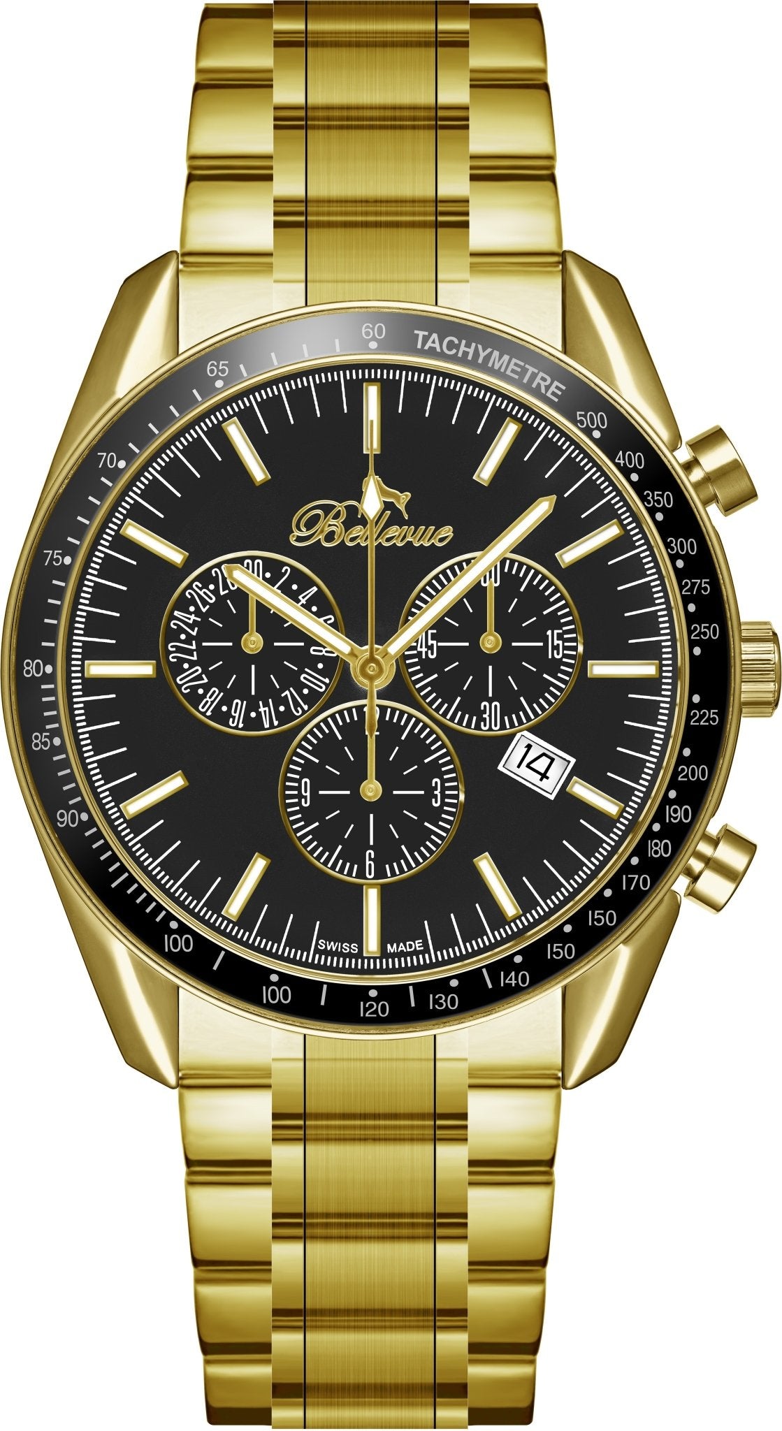 Bellevue Men’s Gold Chronograph Watch 43mm – Black Dial | Ronda Quartz with Date - NAFALUXE