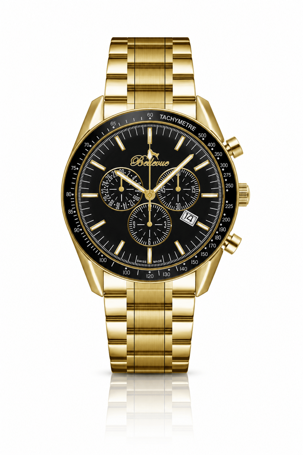 Bellevue Men’s Gold Chronograph Watch 43mm – Black Dial | Ronda Quartz with Date - NAFALUXE