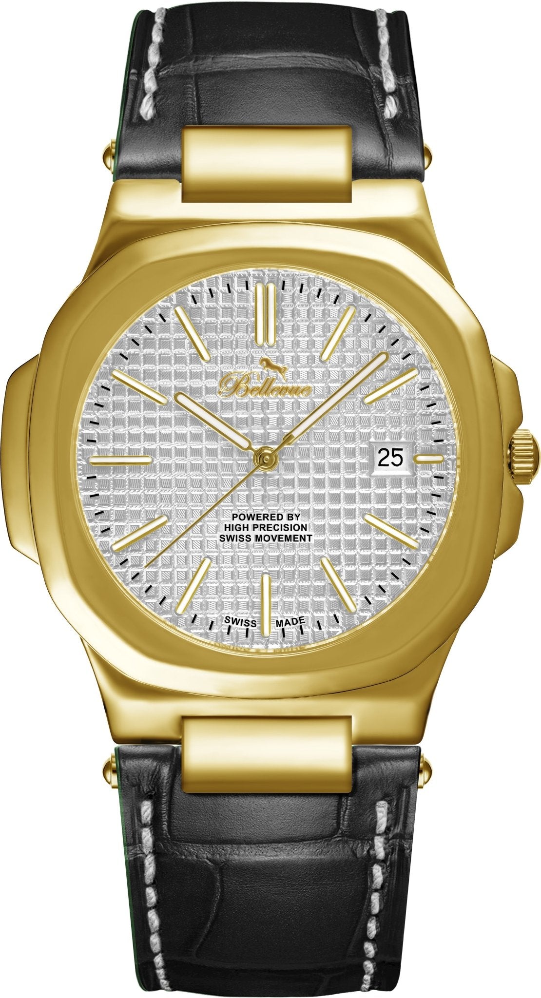 Bellevue Men’s Gold Watch 43mm – Ronda Quartz with Date | Black PU Leather Strap - NAFALUXE