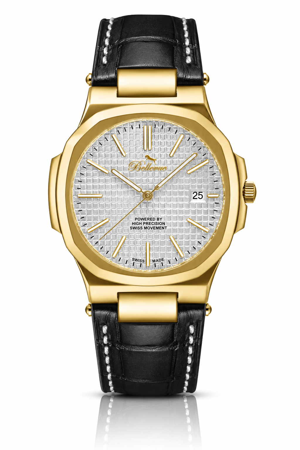 Bellevue Men’s Gold Watch 43mm – Ronda Quartz with Date | Black PU Leather Strap - NAFALUXE
