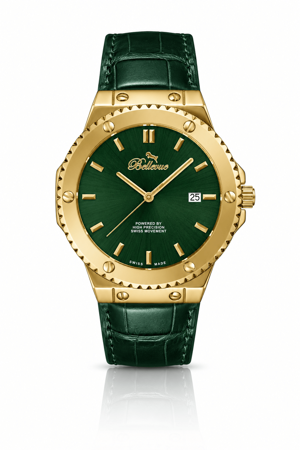 Bellevue Men’s Green Gold Watch 43mm – Ronda Quartz with Date | Green PU Leather Strap - NAFALUXE