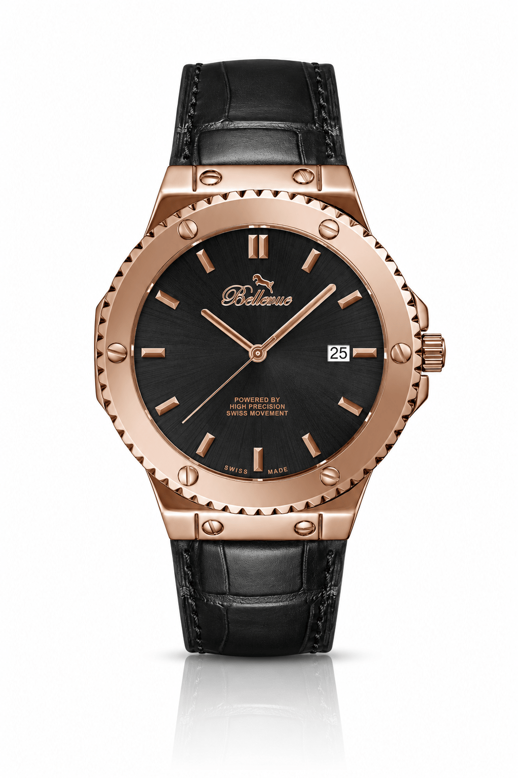 Bellevue Men’s Green Gold Watch 43mm – Ronda Quartz with Date | Stainless Steel Mesh or PU Leather Strap - NAFALUXE