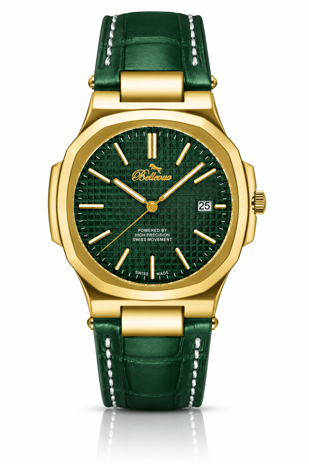 Bellevue Men’s Green Watch 43mm – Ronda Quartz with Date | Green PU Leather Strap - NAFALUXE