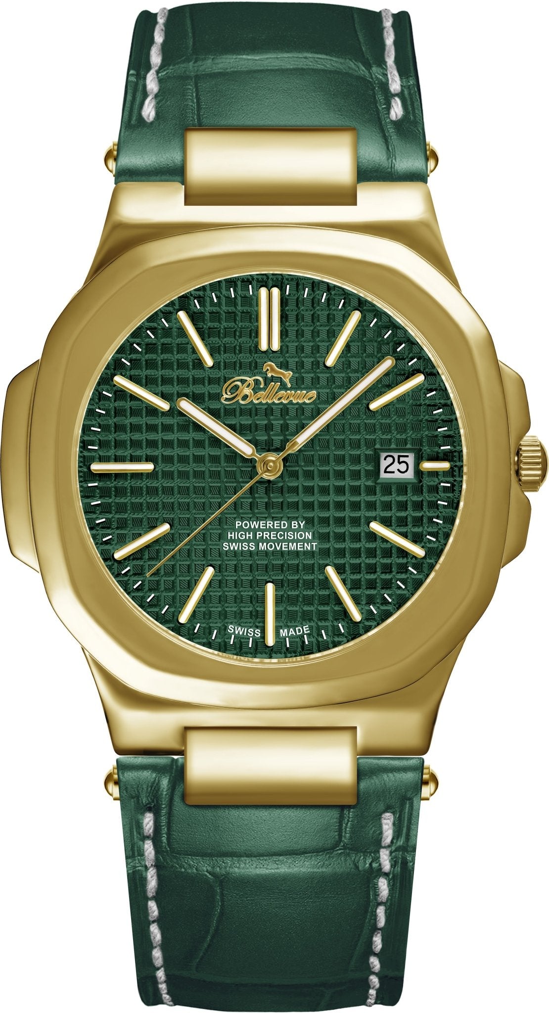 Bellevue Men’s Green Watch 43mm – Ronda Quartz with Date | Green PU Leather Strap - NAFALUXE
