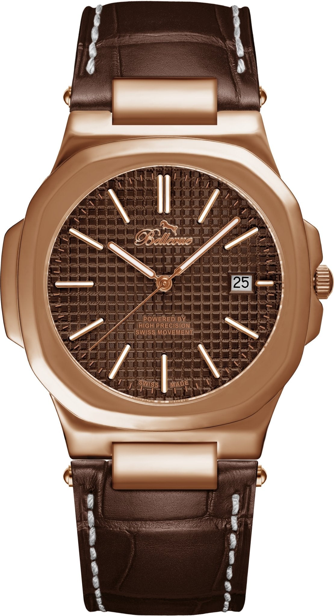 Bellevue Men’s Rose Gold Brown Watch 43mm – Ronda Quartz with Date | Brown PU Leather Strap - NAFALUXE