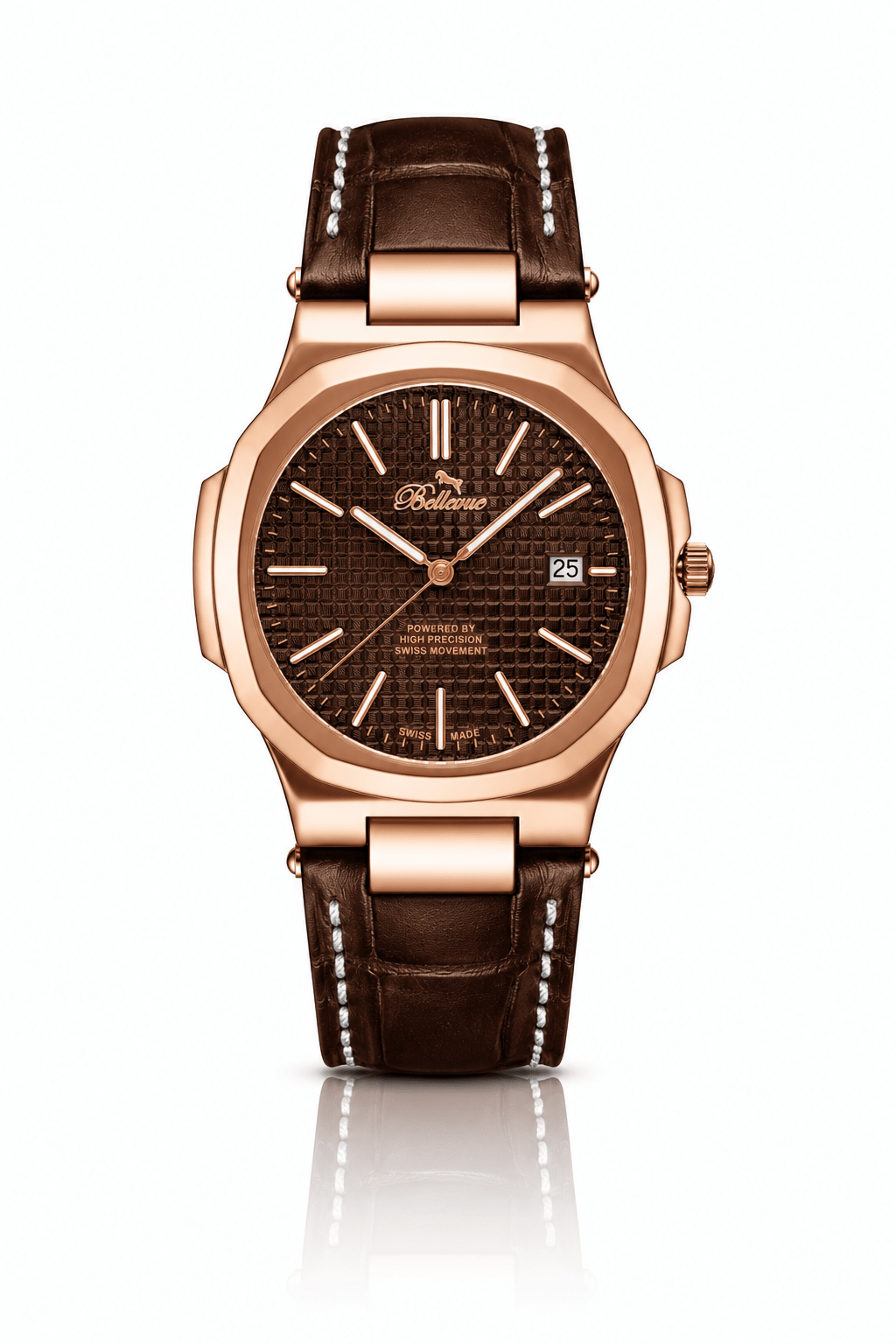 Bellevue Men’s Rose Gold Brown Watch 43mm – Ronda Quartz with Date | Brown PU Leather Strap - NAFALUXE