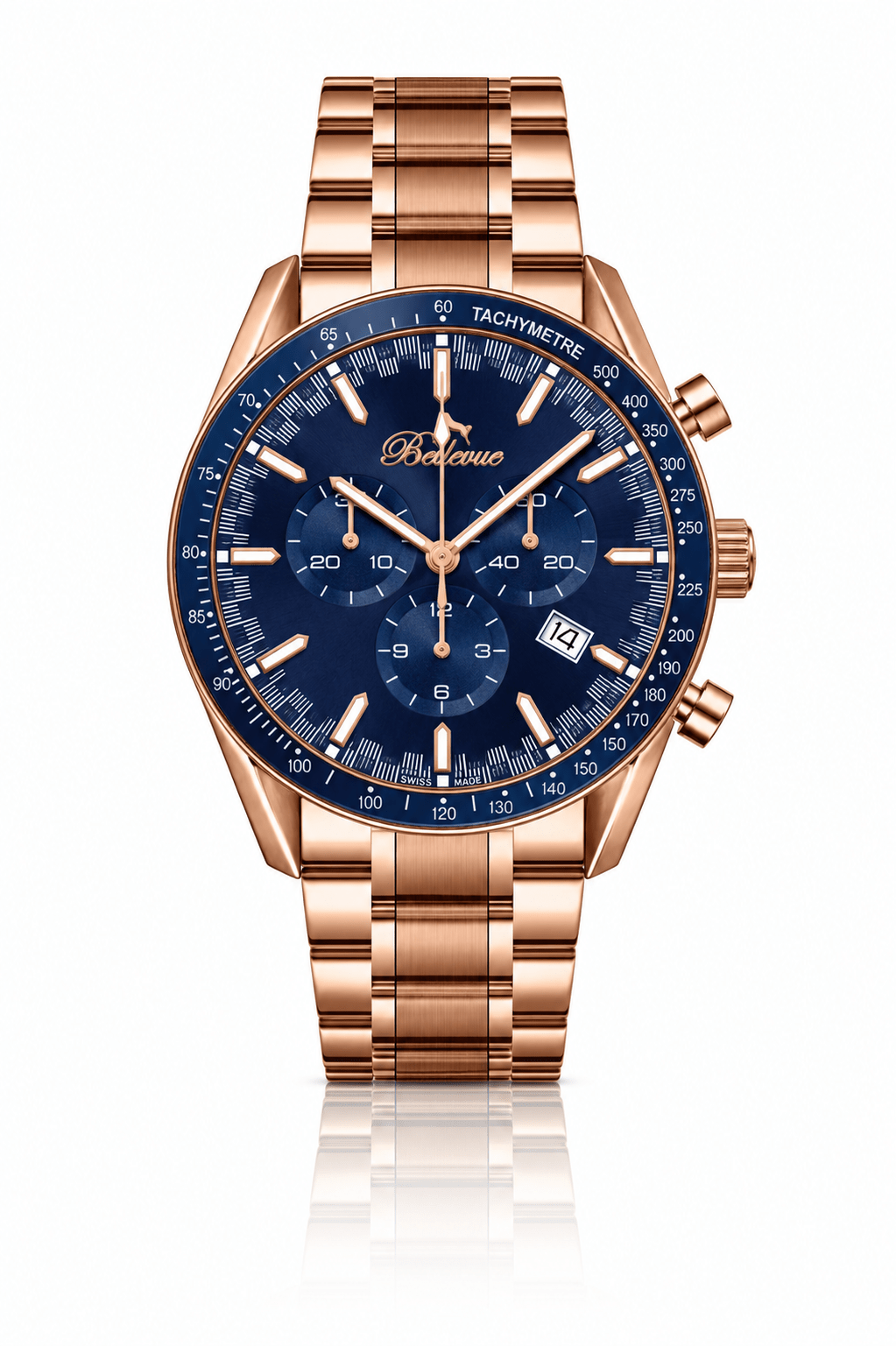 Bellevue Men’s Rose Gold Chronograph Watch 43mm – Blue Dial | Ronda Quartz with Date - NAFALUXE