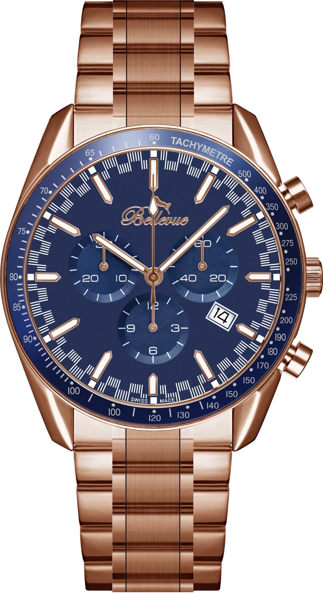Bellevue Men’s Rose Gold Chronograph Watch 43mm – Blue Dial | Ronda Quartz with Date - NAFALUXE