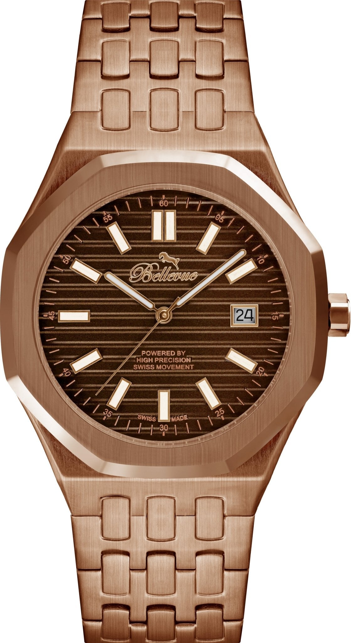 Bellevue Men’s Rose Gold Watch – Brown Dial | Stainless Steel Bracelet | Swiss Made | 41mm - NAFALUXE