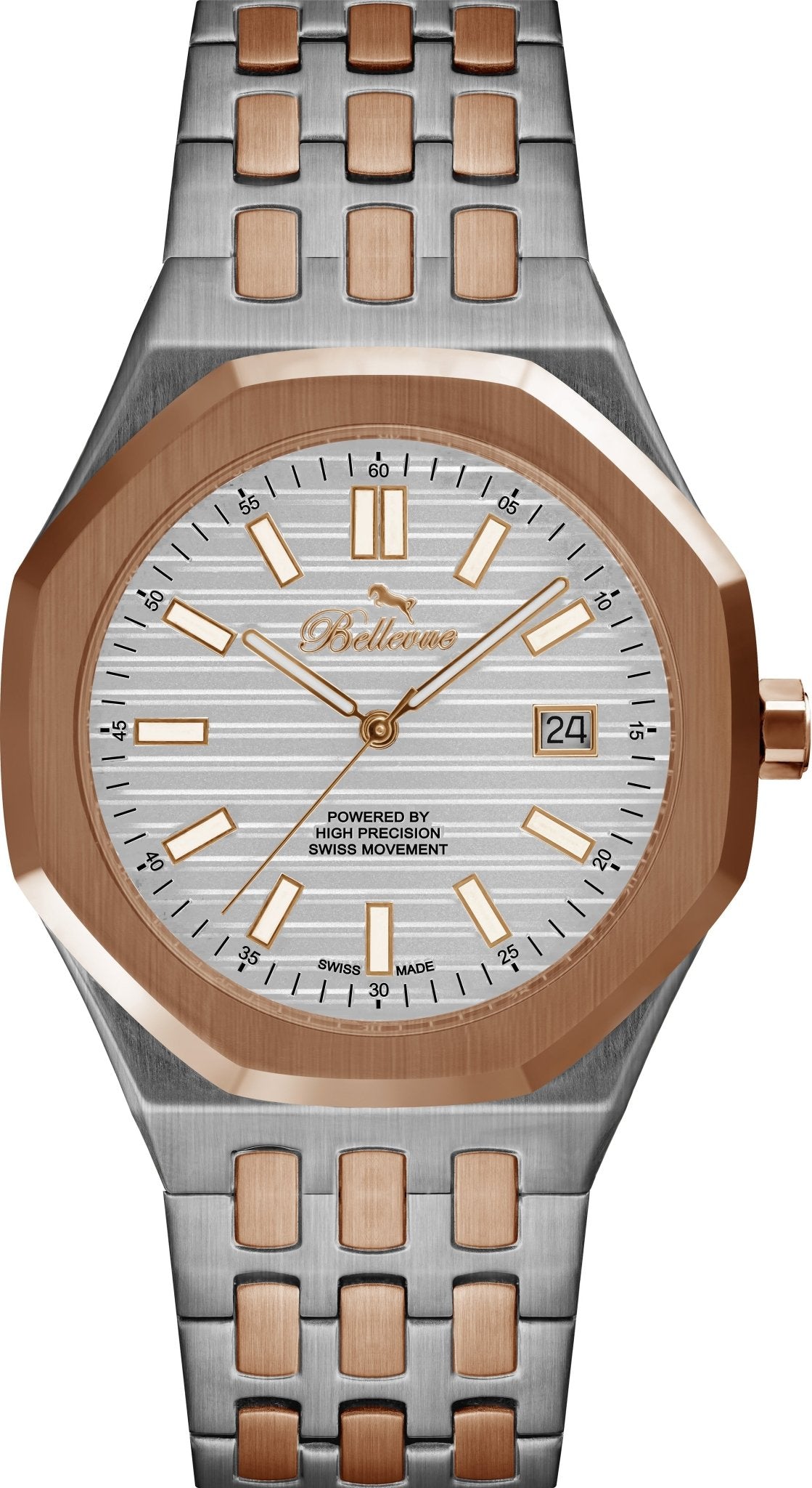 Bellevue Men’s Two-Tone Swiss Quartz Watch – Silver & Rose Gold | 41 mm - NAFALUXE