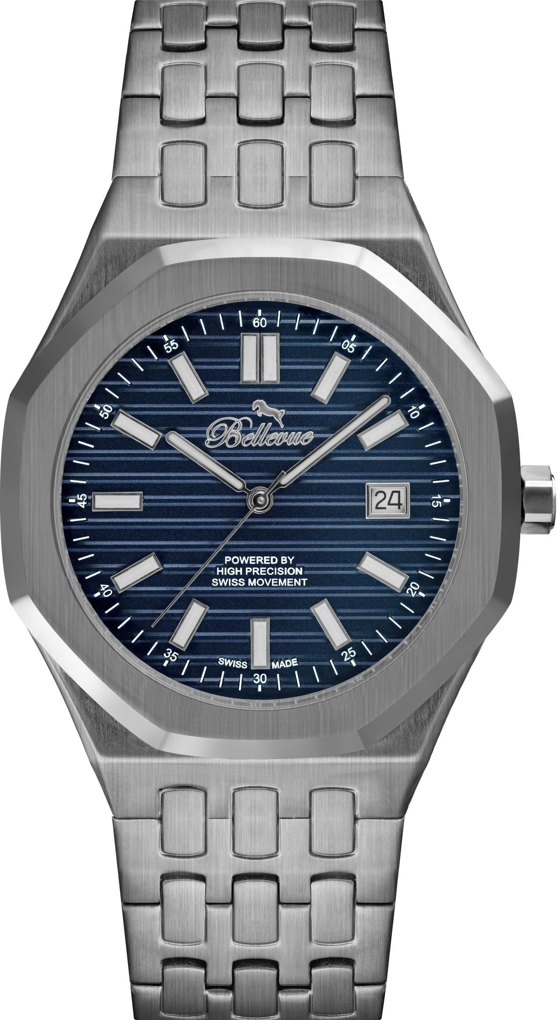 Bellevue Silver Blue Dial Swiss Quartz Watch 41mm – Stainless Steel - NAFALUXE