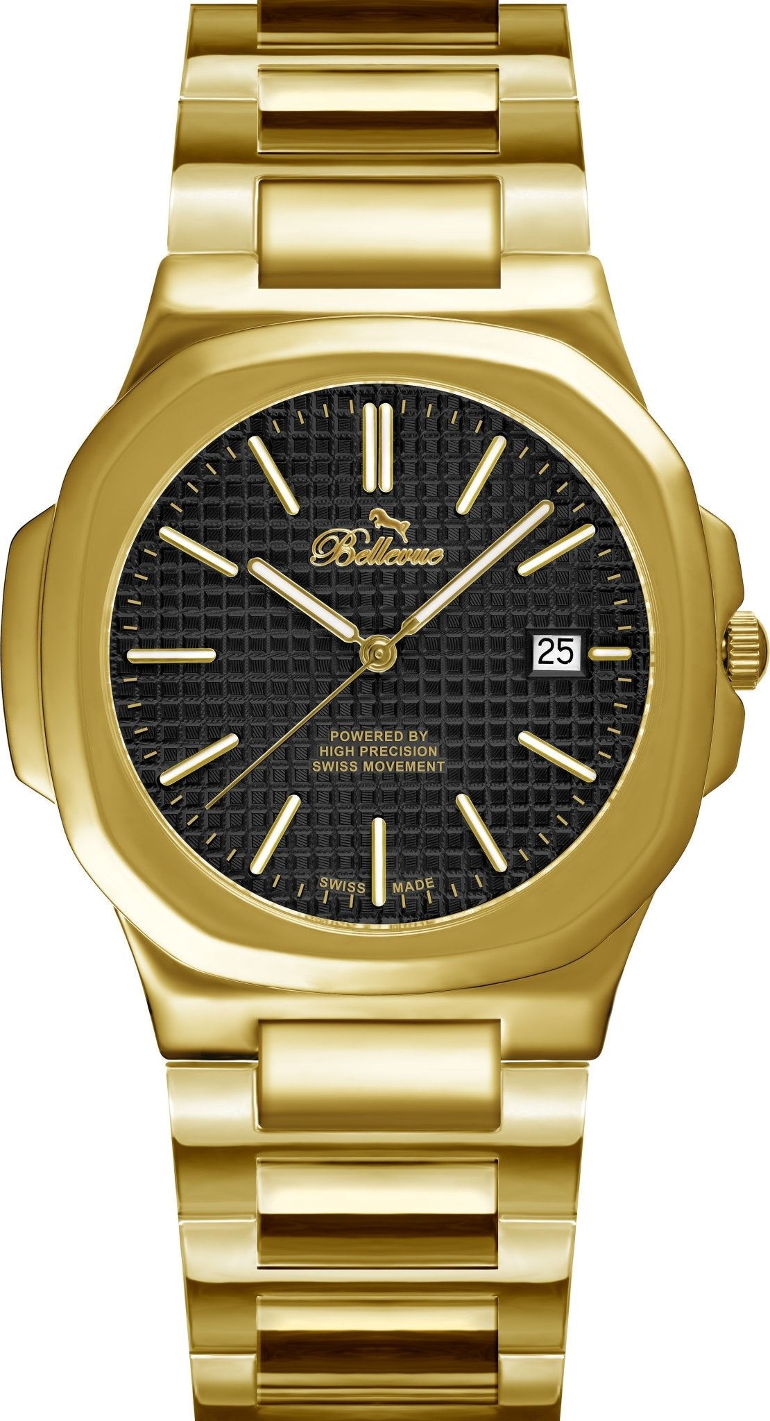 Bellevue Swiss Made Gold Watch 43mm – Black Textured Dial | Ronda Quartz with Date - NAFALUXE