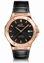 Bellevue Swiss Made Quartz Watch 43mm – Black Dial Rose Gold Tone Leather Strap | Ronda Movement - NAFALUXE