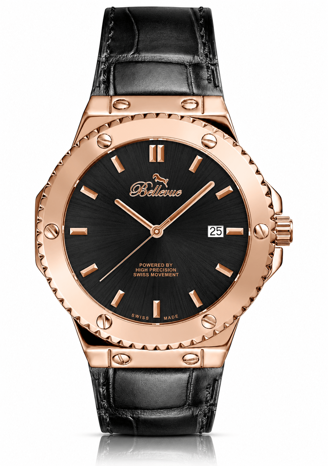 Bellevue Swiss Made Quartz Watch 43mm – Black Dial Rose Gold Tone Leather Strap | Ronda Movement - NAFALUXE