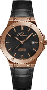 Bellevue Swiss Made Quartz Watch 43mm – Black Dial Rose Gold Tone Leather Strap | Ronda Movement - NAFALUXE