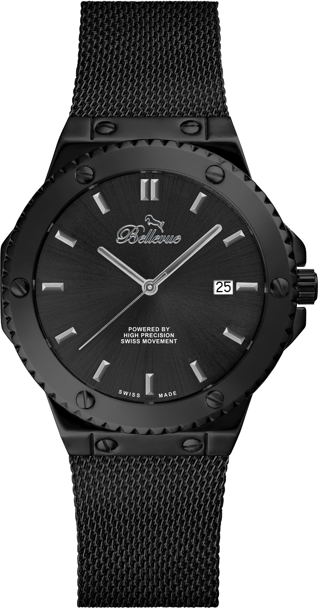 Bellevue Swiss Made Quartz Watch 43mm – Black Stainless Steel Mesh Band | Ronda Movement - NAFALUXE