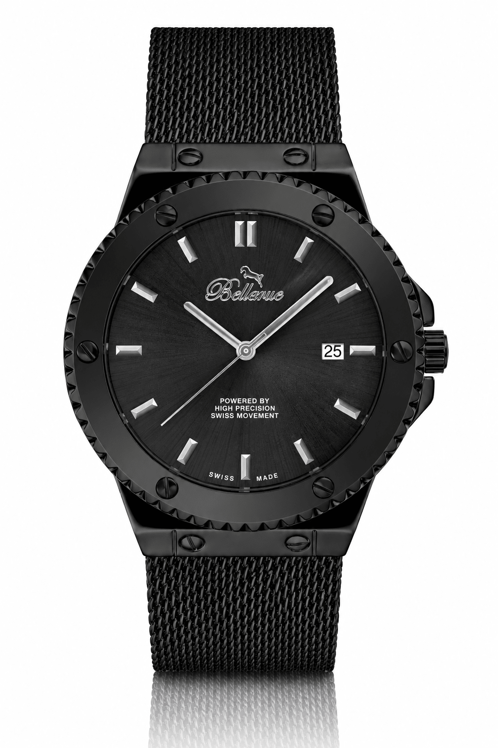 Bellevue Swiss Made Quartz Watch 43mm – Black Stainless Steel Mesh Band | Ronda Movement - NAFALUXE