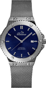 Bellevue Swiss Made Quartz Watch 43mm – Blue Dial Stainless Steel Mesh Strap | Ronda Movement - NAFALUXE