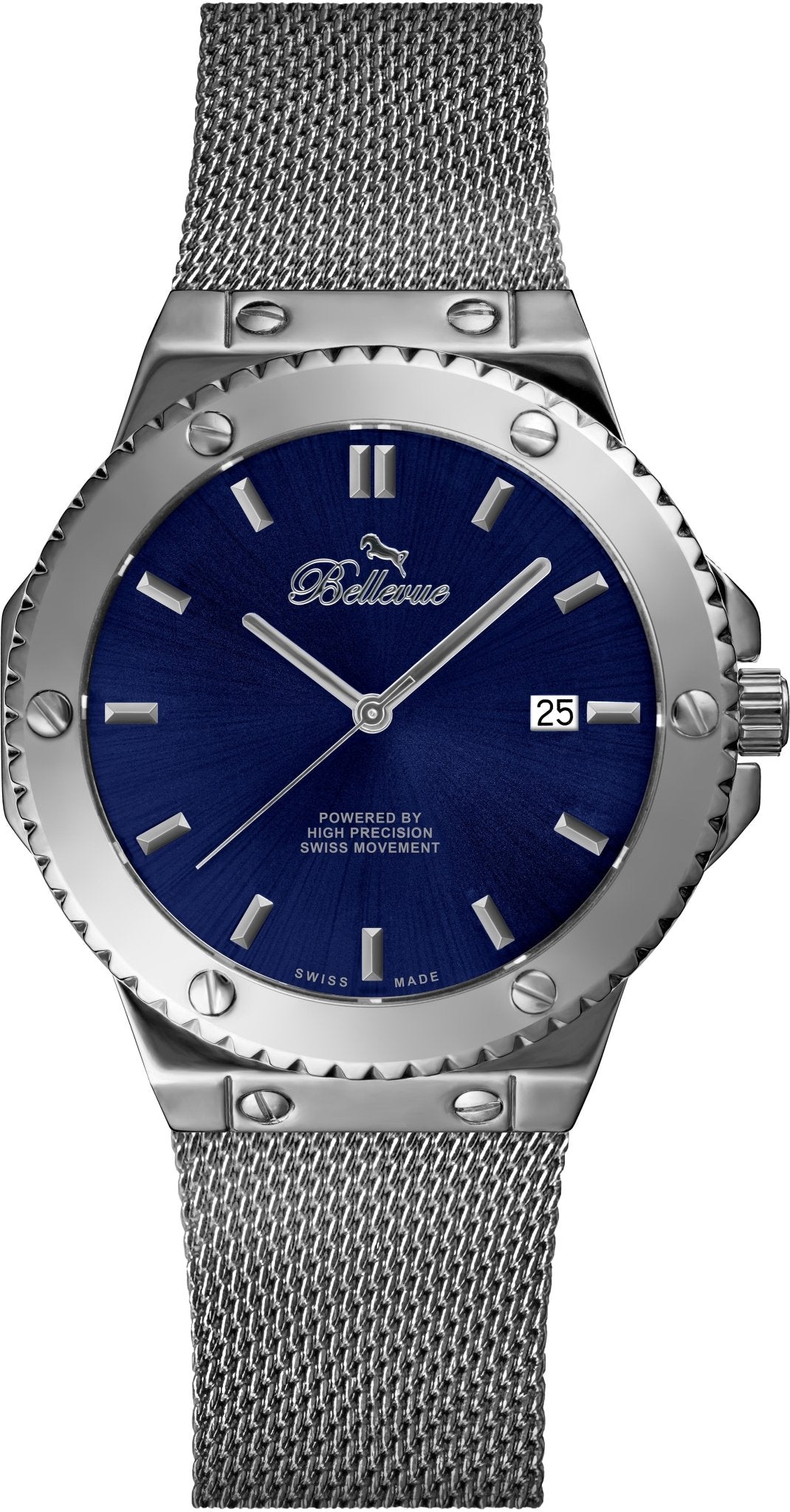 Bellevue Swiss Made Quartz Watch 43mm – Blue Dial Stainless Steel Mesh Strap | Ronda Movement - NAFALUXE