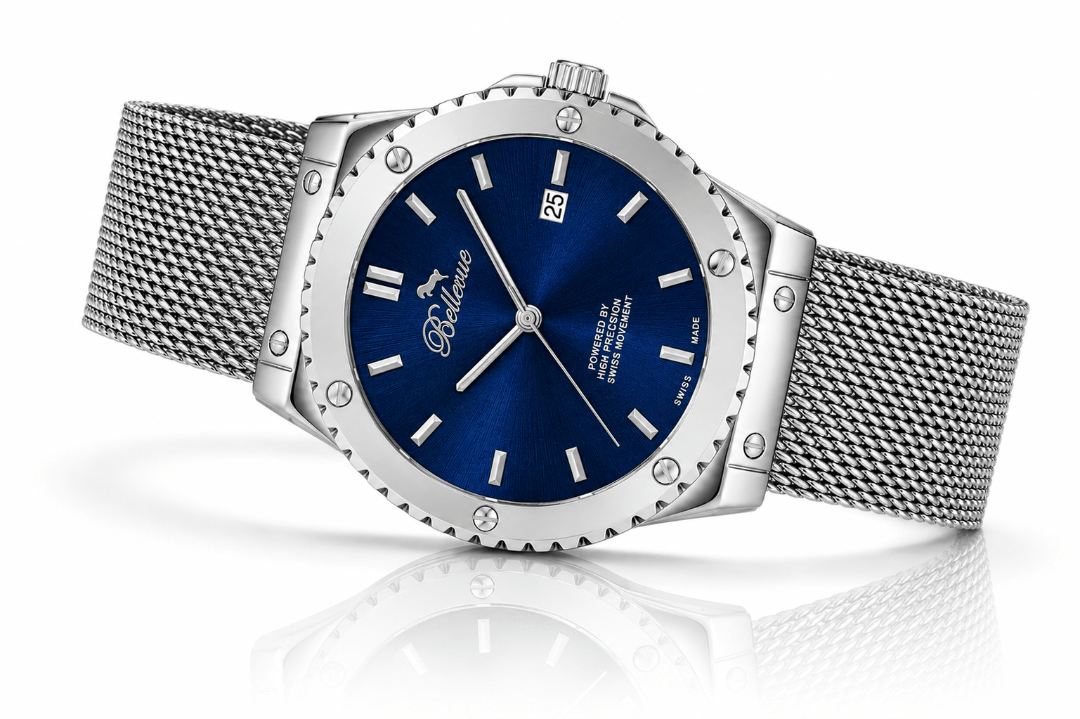Bellevue Swiss Made Quartz Watch 43mm – Blue Dial Stainless Steel Mesh Strap | Ronda Movement - NAFALUXE