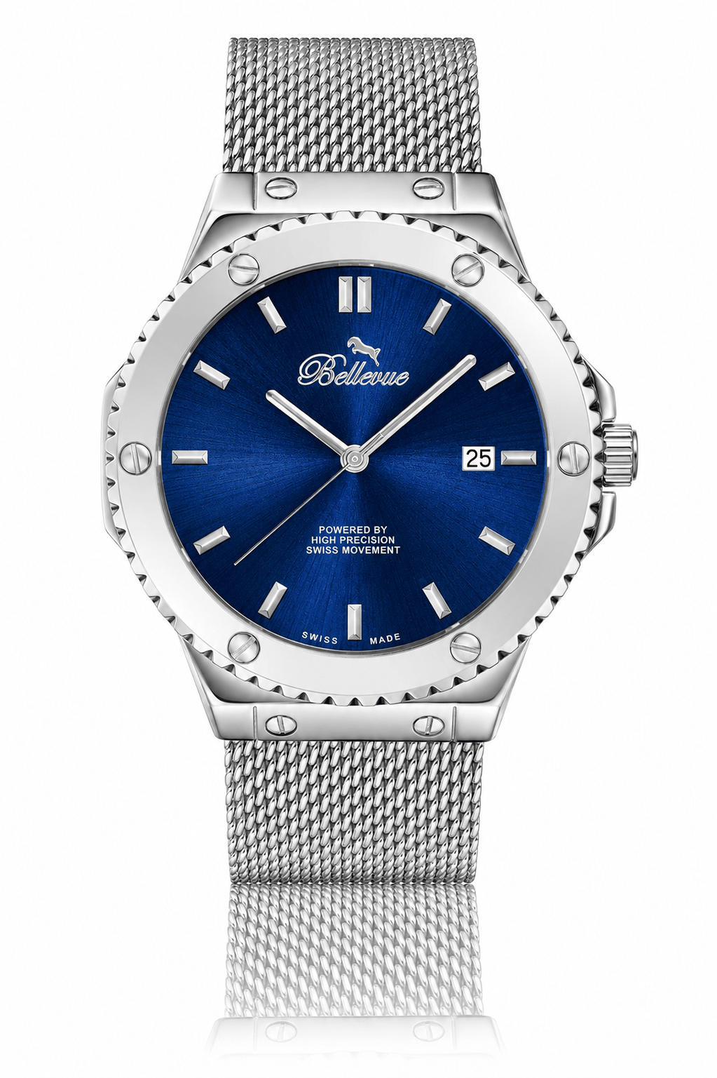 Bellevue Swiss Made Quartz Watch 43mm – Blue Dial Stainless Steel Mesh Strap | Ronda Movement - NAFALUXE