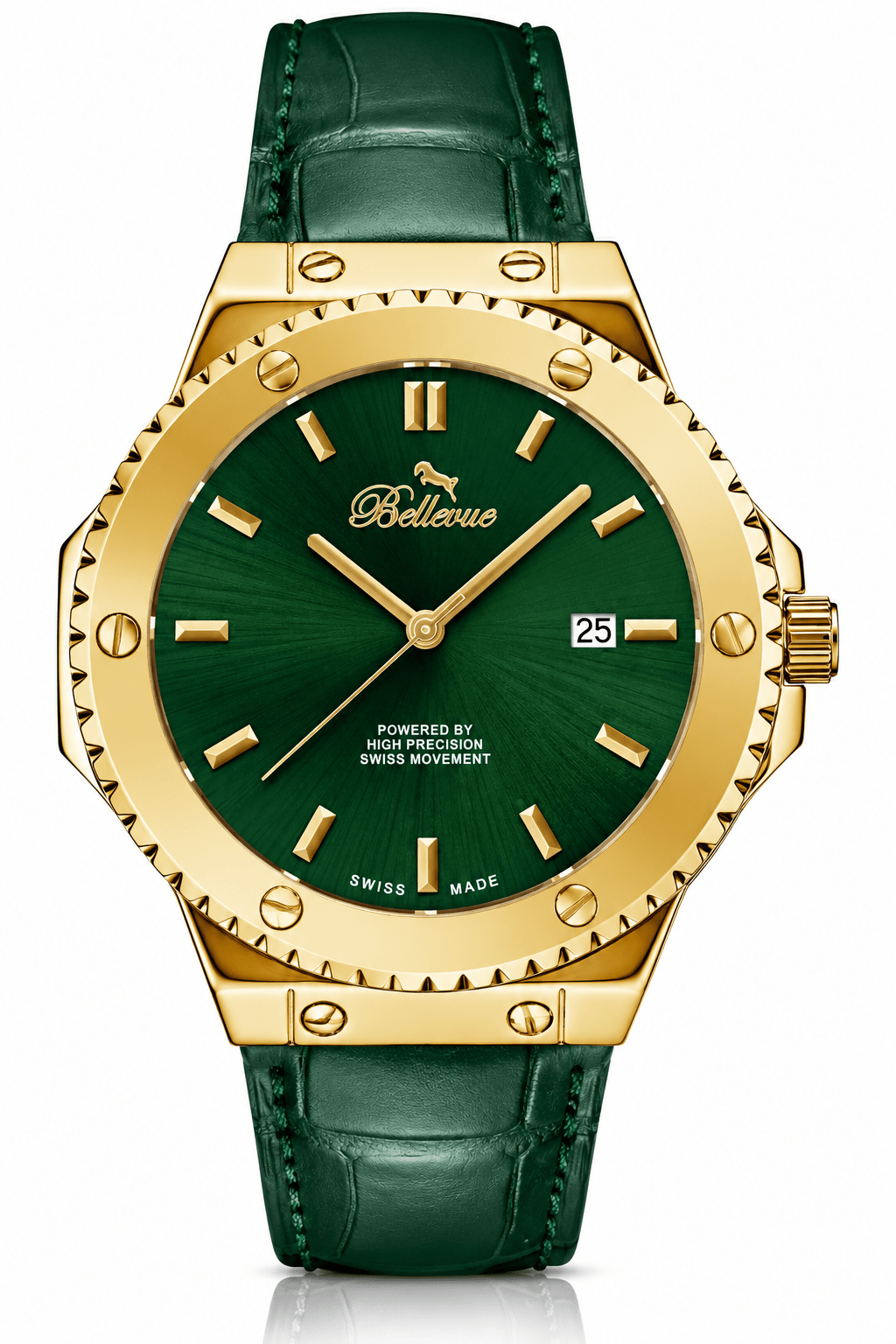 Bellevue Swiss Made Quartz Watch 43mm – Green Dial Gold Tone Leather Strap | Ronda Movement - NAFALUXE