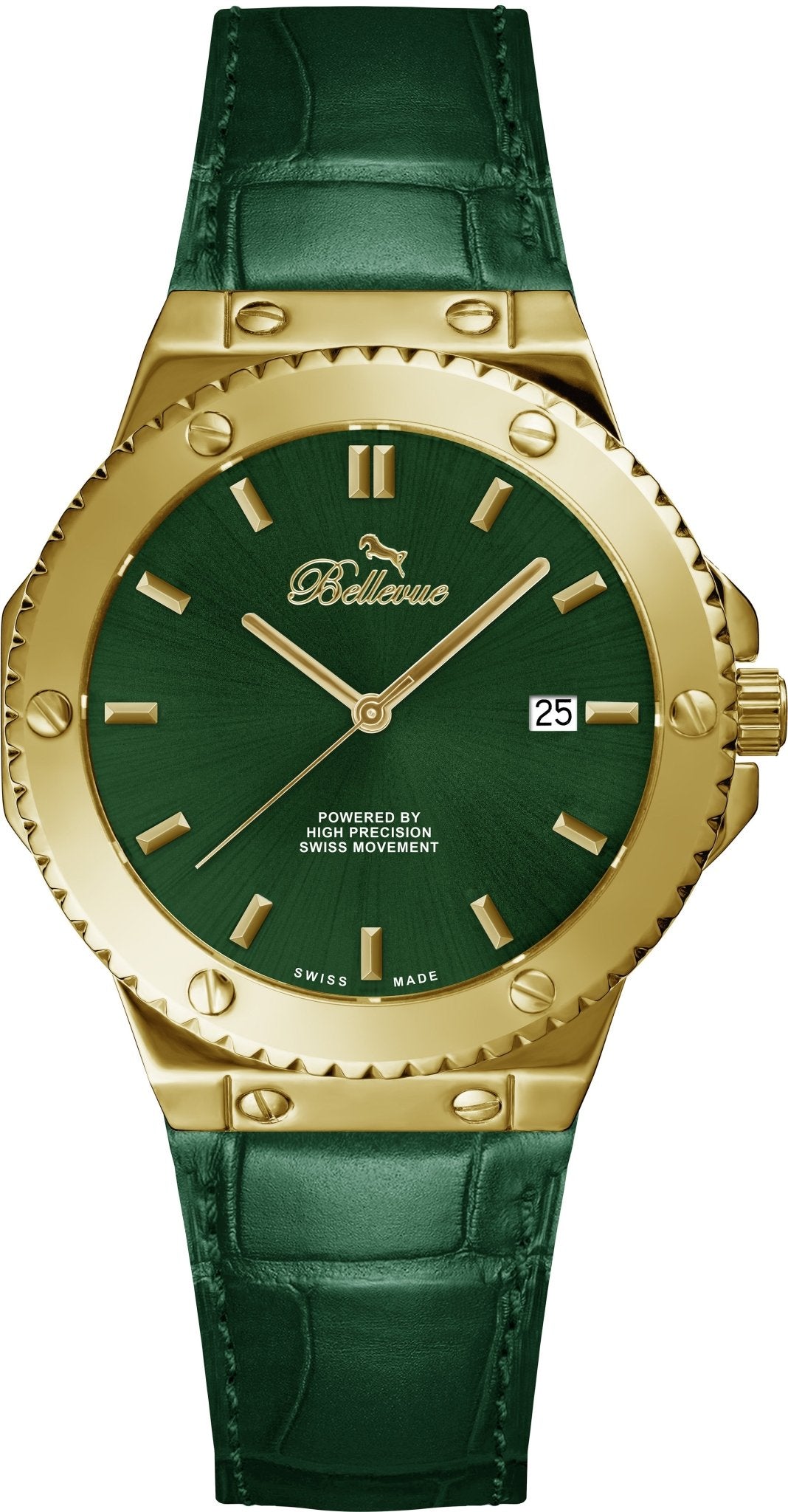 Bellevue Swiss Made Quartz Watch 43mm – Green Dial Gold Tone Leather Strap | Ronda Movement - NAFALUXE