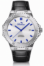 Bellevue Swiss Made Quartz Watch 43mm – Silver Dial Blue Markers Leather Strap | Ronda Movement - NAFALUXE