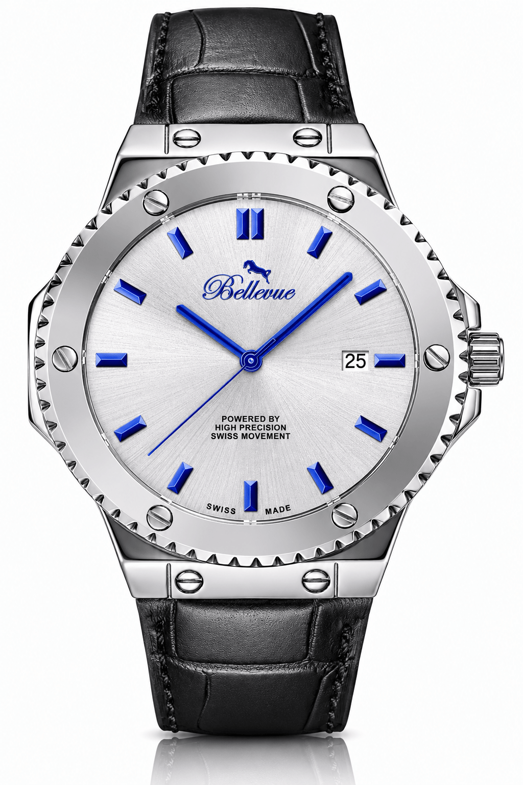 Bellevue Swiss Made Quartz Watch 43mm – Silver Dial Blue Markers Leather Strap | Ronda Movement - NAFALUXE