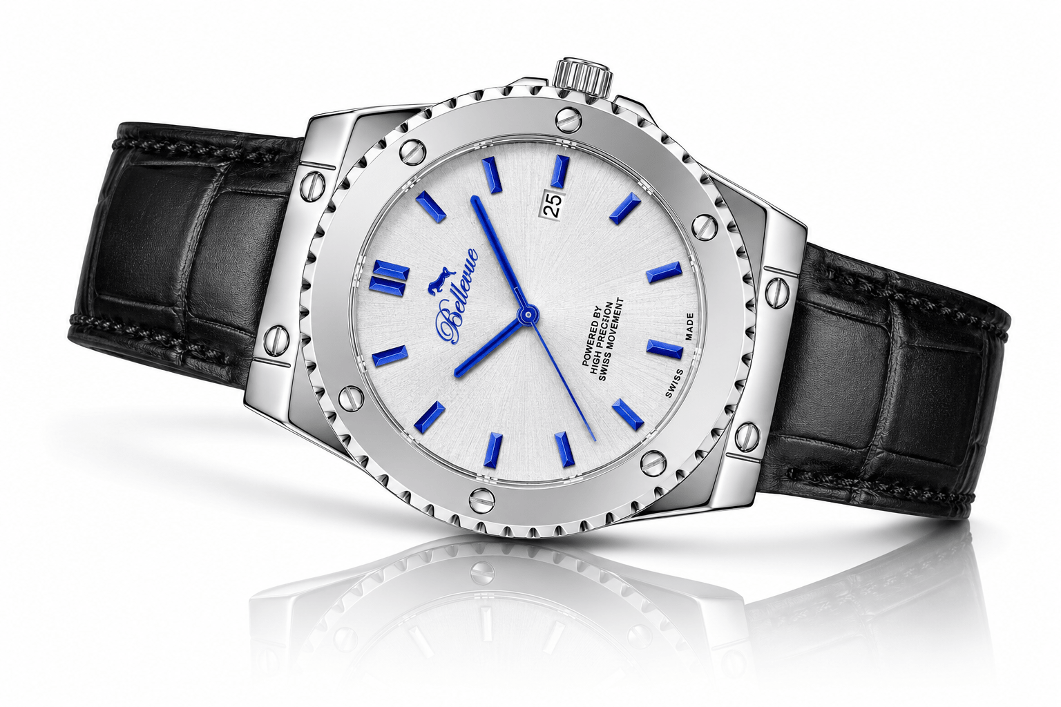 Bellevue Swiss Made Quartz Watch 43mm – Silver Dial Blue Markers Leather Strap | Ronda Movement - NAFALUXE