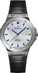 Bellevue Swiss Made Quartz Watch 43mm – Silver Dial Blue Markers Leather Strap | Ronda Movement - NAFALUXE