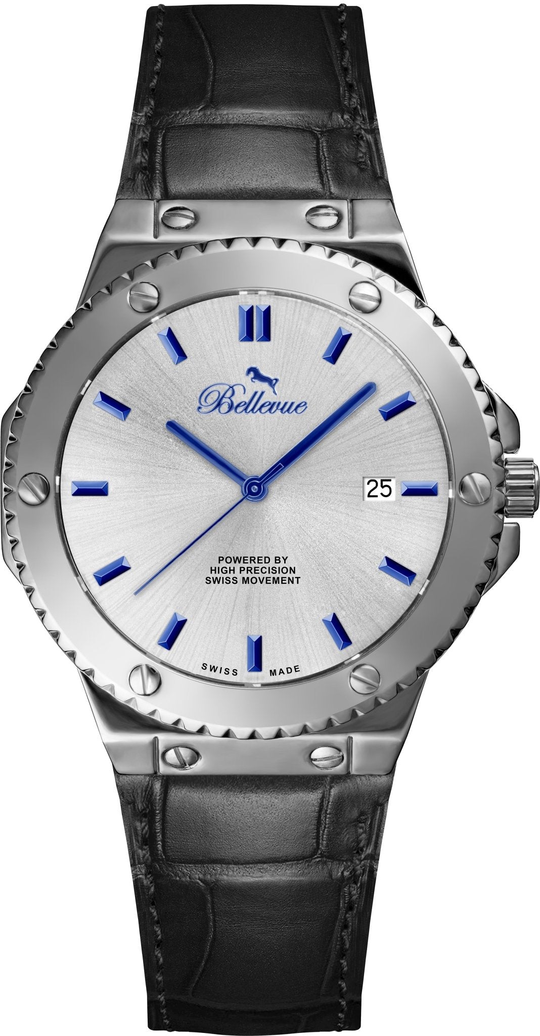 Bellevue Swiss Made Quartz Watch 43mm – Silver Dial Blue Markers Leather Strap | Ronda Movement - NAFALUXE