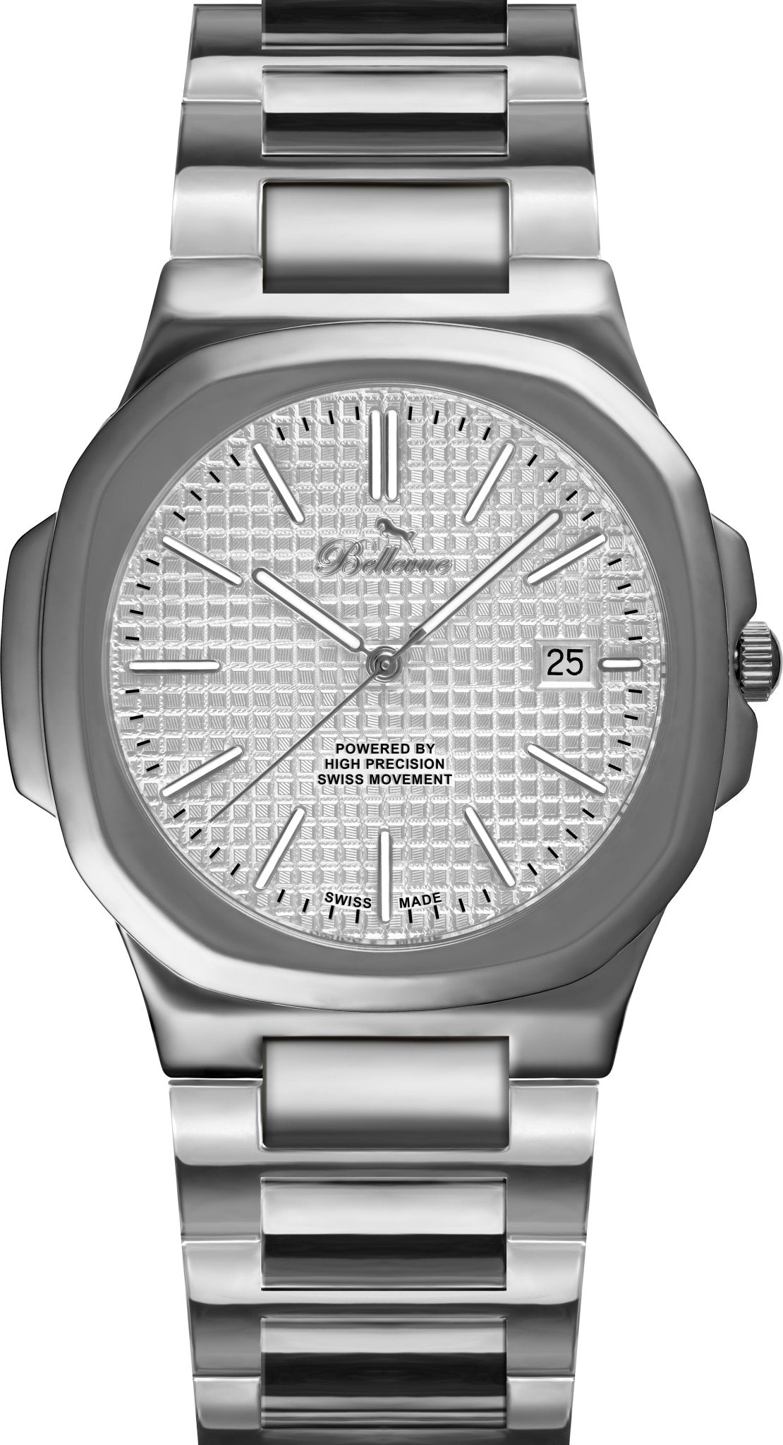 Bellevue Swiss Made Stainless Steel Watch 43mm – Silver Dial | Ronda Quartz with Date - NAFALUXE