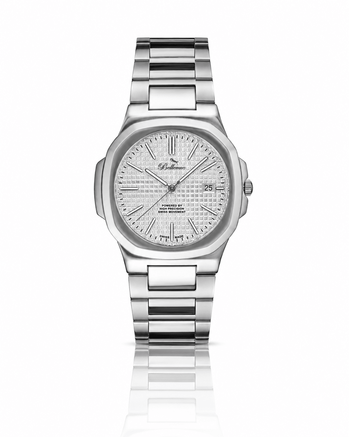 Bellevue Swiss Made Stainless Steel Watch 43mm – Silver Dial | Ronda Quartz with Date - NAFALUXE