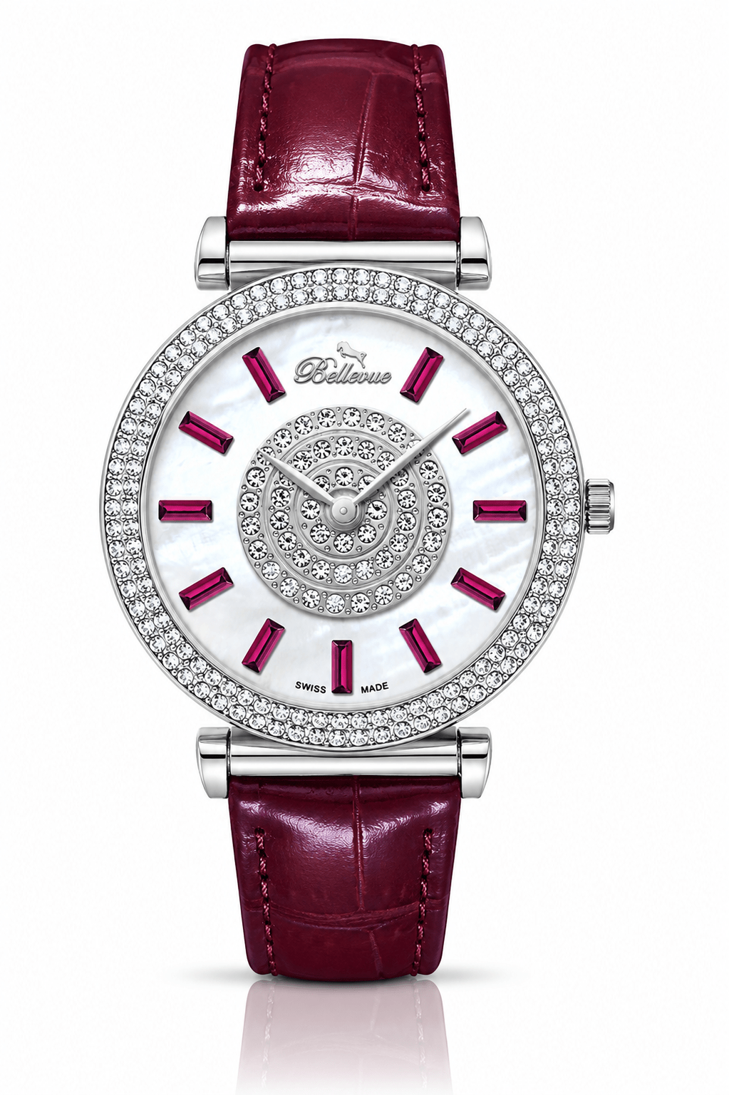 Bellevue Swiss Made Women’s Crystal Watch 38mm – Burgundy Leather Strap | Ronda Quartz - NAFALUXE