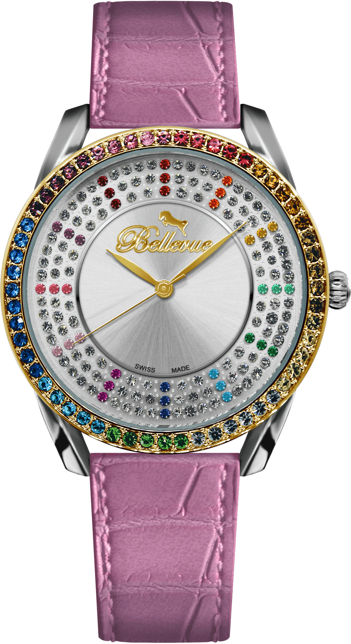 Bellevue Swiss Made Women’s Crystal Watch 38mm – Pink Leather Strap | Ronda Quartz - NAFALUXE