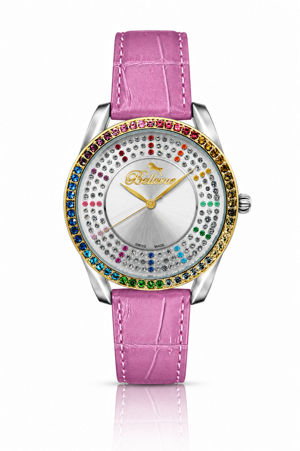 Bellevue Swiss Made Women’s Crystal Watch 38mm – Pink Leather Strap | Ronda Quartz - NAFALUXE