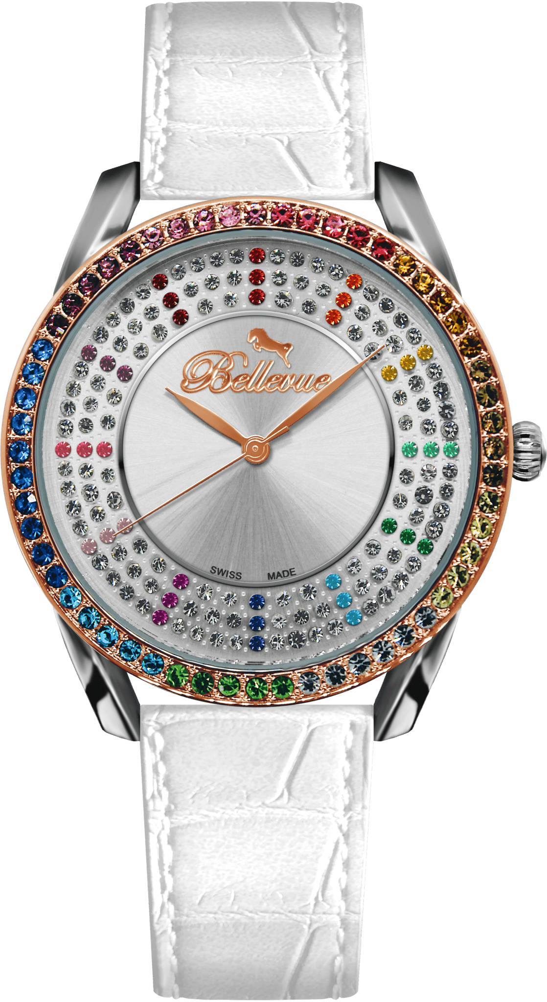 Bellevue Swiss Made Women’s Crystal Watch 38mm – White Leather Strap | Ronda Quartz - NAFALUXE