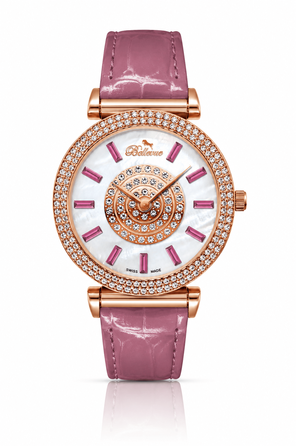 Bellevue Swiss Made Women’s Rose Gold Crystal Watch 38mm – Pink Leather Strap | Ronda Quartz - NAFALUXE