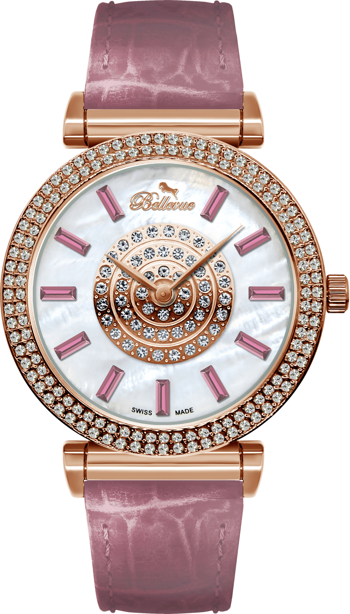 Bellevue Swiss Made Women’s Rose Gold Crystal Watch 38mm – Pink Leather Strap | Ronda Quartz - NAFALUXE