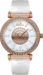 Bellevue Swiss Made Women’s Rose Gold Crystal Watch 38mm – White Leather Strap | Ronda Quartz - NAFALUXE