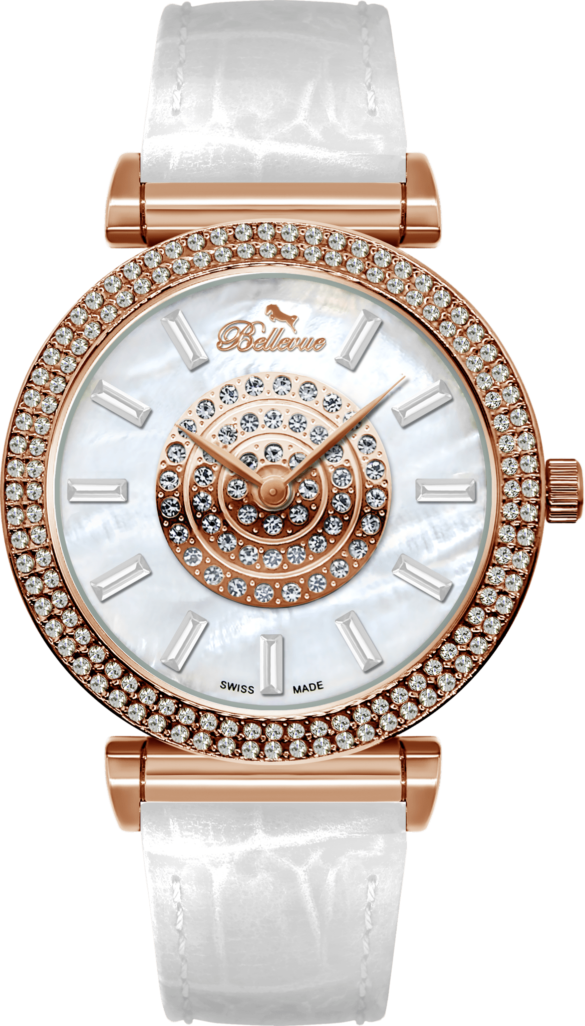 Bellevue Swiss Made Women’s Rose Gold Crystal Watch 38mm – White Leather Strap | Ronda Quartz - NAFALUXE