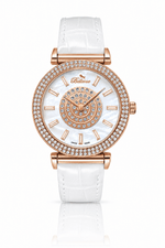 Bellevue Swiss Made Women’s Rose Gold Crystal Watch 38mm – White Leather Strap | Ronda Quartz - NAFALUXE
