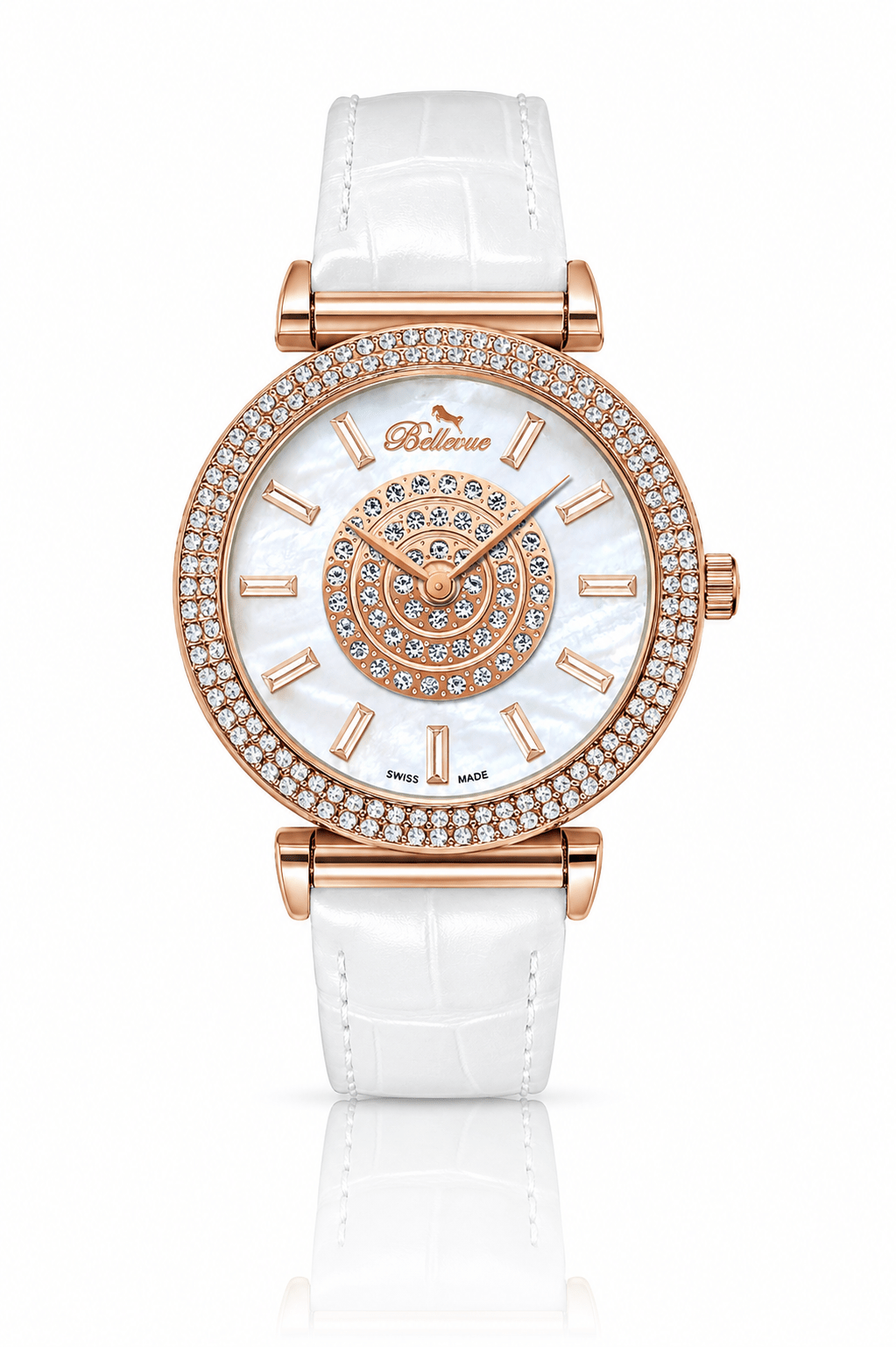 Bellevue Swiss Made Women’s Rose Gold Crystal Watch 38mm – White Leather Strap | Ronda Quartz - NAFALUXE
